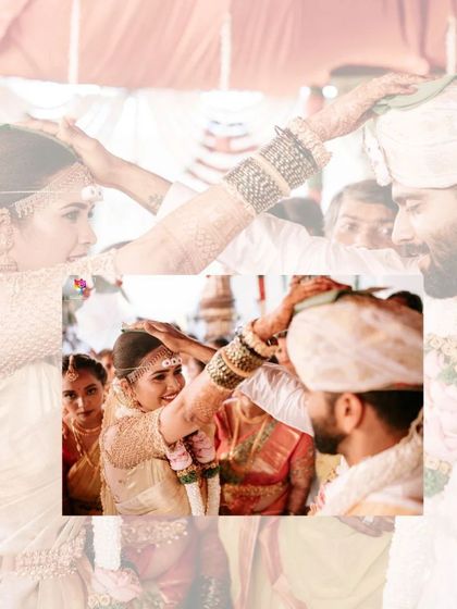 A diptych capturing the Talambralu ritual, a moment of fun and blessings. The bride's happy expression is the highlight of this joyous ceremony shot.