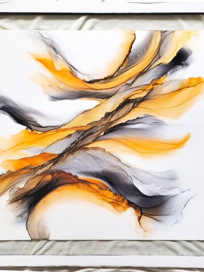 'Embers of Elegance', a fiery orange and black abstract alcohol ink painting from the 'Soul Notes' exhibition.