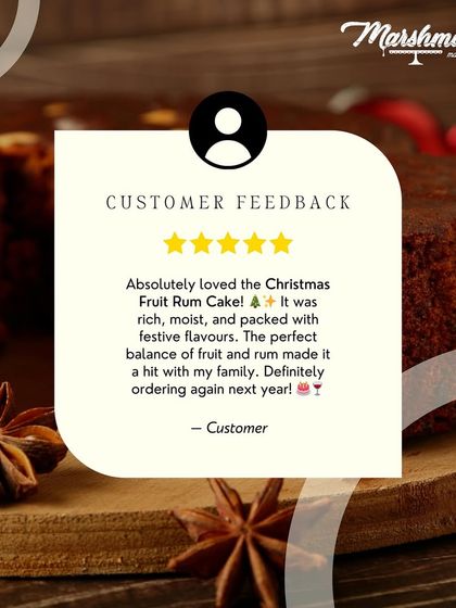 A glowing 5-star review from a customer for my Christmas Fruit Rum Cake. They loved the rich, moist texture and the perfect balance of fruit and rum.