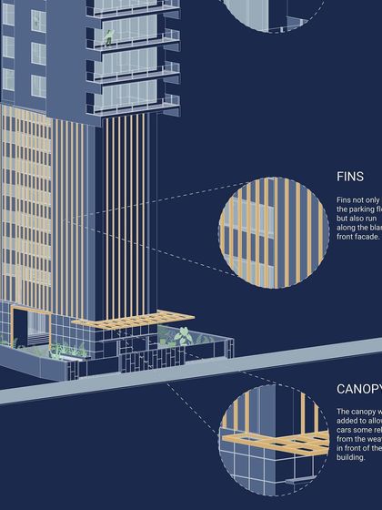 This axonometric detail explains the function of the façade fins, which hide the parking floors, and the entrance canopy, which provides weather protection.