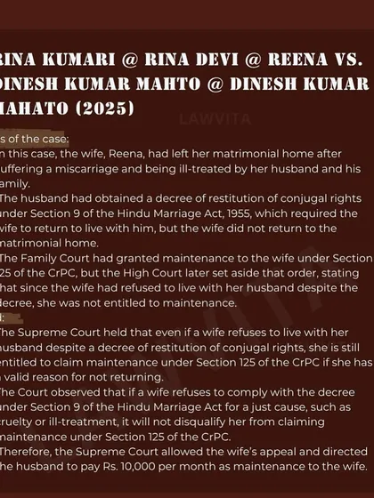 Understanding your rights is the first step. This is an important Supreme Court judgment regarding maintenance for a wife under Section 125 of the CrPC, even if there's a decree for restitution of conjugal rights. In family law, I ensure my clients are aware of such crucial legal precedents.