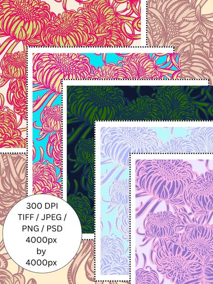 This shows the 'Petal Pop' chrysanthemum design in several different colour variations. I provide high-resolution digital files, making it easy to adapt the pattern to your specific project needs.