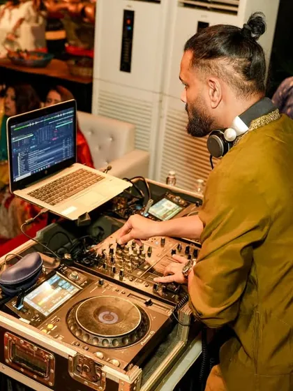 A closer look at my DJ console during a Dandiya festival event. I use professional Pioneer DJ equipment to ensure seamless transitions and high-quality sound for every performance.