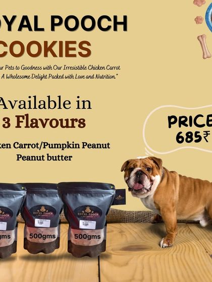 I offer my delicious and wholesome cookies in three popular flavors: Chicken Carrot, Pumpkin Peanut, and classic Peanut Butter. Each 500g pack is filled with love and nutrition.