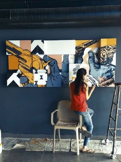One of our artists, Bhavishya, working on the detailed line work for the Lounge29 multi-panel canvas. Each piece is hand-painted to fit together perfectly.