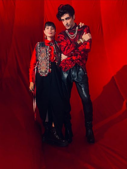 Posing with a friend at couture week. My layered, Indo-western look is contrasted with his edgy, modern style.