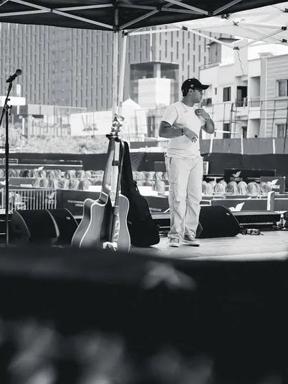 A wider view of the stage during our daytime soundcheck. You can see the empty venue, a calm before the storm of the live show.