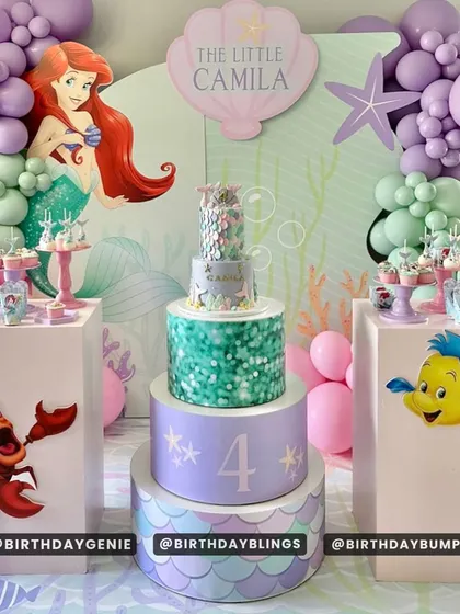 This Little Mermaid theme focuses on the cake display, with a stunning multi-tiered cake on a central plinth. Cutouts of Ariel, Flounder, and Sebastian complete the underwater scene.