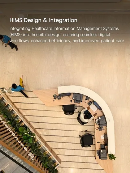 The seamless integration of a Healthcare Information Management System (HIMS) is fundamental to modern hospital design. This aerial view shows a nursing station and reception area planned for optimal digital workflow, ensuring that physical space and data infrastructure work in unison to enhance efficiency and patient care.