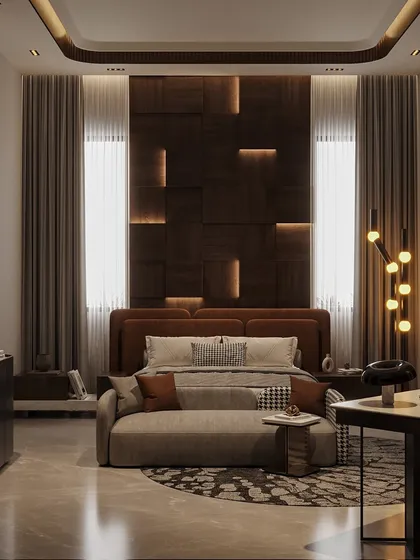 This bedroom is a layered interplay of shadow and softness, designed not just to rest, but to retreat. I used deep, rich tones to anchor the space, creating a sense of intimacy, while warm ambient lighting grazes the textures of wood and fabric, adding dimension. It’s a richly nuanced atmosphere that is tactile, immersive, and deeply personal.