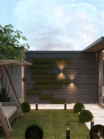 A 3D concept for a Vikaspuri project, showing a relaxing area with a large garden swing (jhula) and lush greenery.