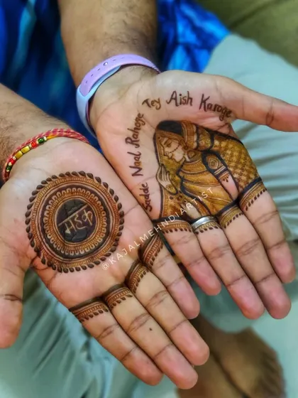 Henna for the groom, telling his side of the story. This design features a portrait of the bride with a loving message, alongside a mandala with the word 'Mehak' (fragrance).