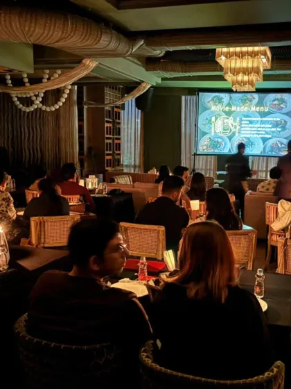 A look at our presentation screen explaining the "Movie-Made-Menu" concept before the film begins. We love to walk our guests through the culinary story they are about to embark on, building anticipation for the courses to come.