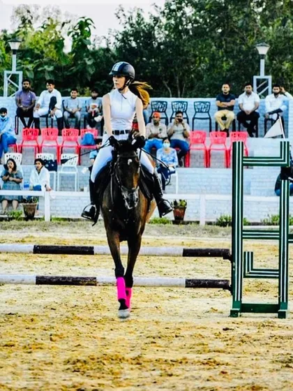 A rider focused and in sync with her horse, preparing for a show jumping course. I provide dedicated training for competitive riders who want to improve their skills and compete at higher levels.