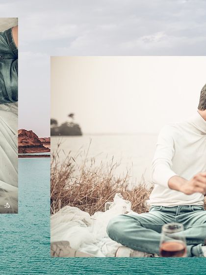A collage blending different moments from a romantic lakeside pre-wedding shoot, telling a story of quiet love.
