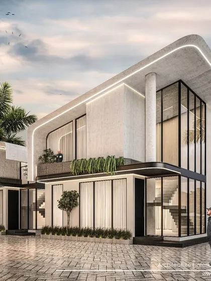 This view highlights the dynamic interplay of form and space in our Goa concept, with cantilevered roofs and expansive glass walls that blur the line between inside and out.