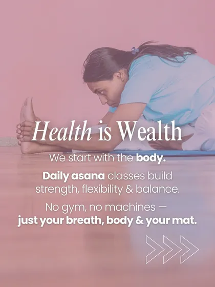 Health is wealth. Our daily asana classes build strength, flexibility, and balance using just your breath, your body, and your mat. Here, a student is in Janu Sirsasana (Head-to-Knee Pose).