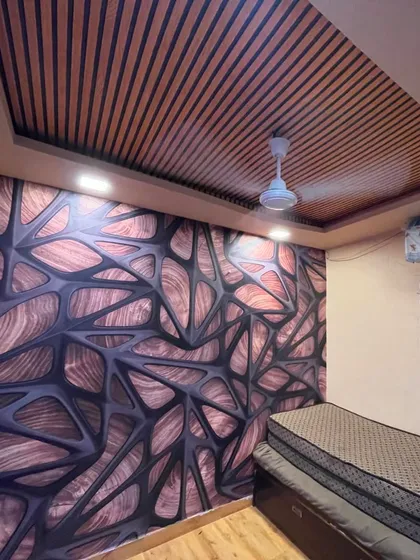 This bedroom showcases a bold, abstract 3D wallpaper with a wood-grain and dark web-like pattern. Paired with a slatted wooden false ceiling, it creates a cohesive and ultra-modern look.