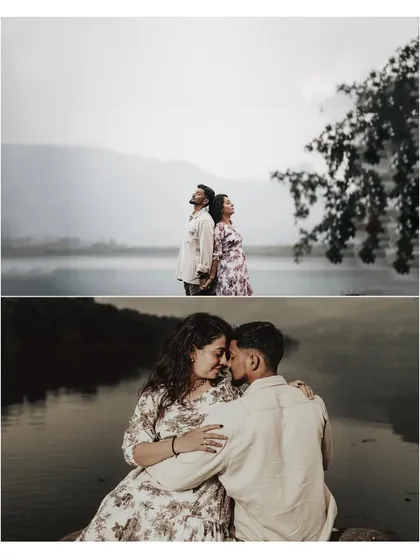 A collage showing different poses by the lake, from looking up at the sky to sharing a quiet, seated moment.