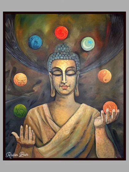 A 36x40 inch acrylic on canvas painting of Buddha Purnima, showing the enlightened one balancing the symbols of different world religions.