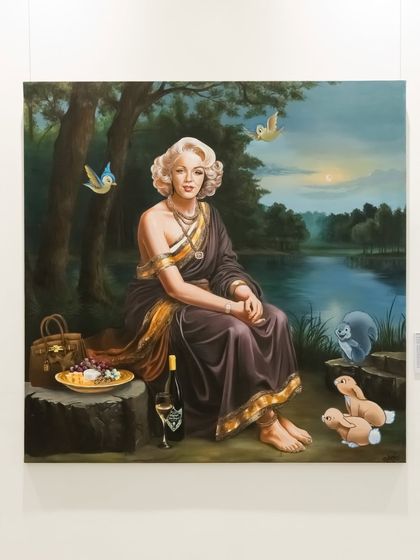 The full composition of "Moonlight and Monroe," a quiet homage that invites the viewer to pause and sit with nostalgia and femininity.