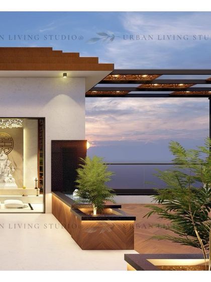 A sacred space within the outdoor design. This render for the Gurgaon project includes a beautiful, well-lit shrine area, showing how we incorporate our clients' personal needs.