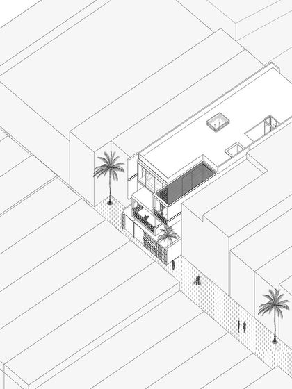 An axonometric drawing showing how Hikari House is situated within its dense neighborhood. The drawing illustrates the narrow footprint and the challenge of bringing in light and ventilation.