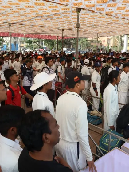 A huge crowd of young cricketers and their parents gathered for the registration process at the Panvel trials.