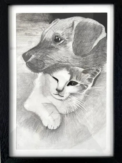 A touching sketch of a dog and cat cuddling, showcasing the student's ability to capture emotion and texture.