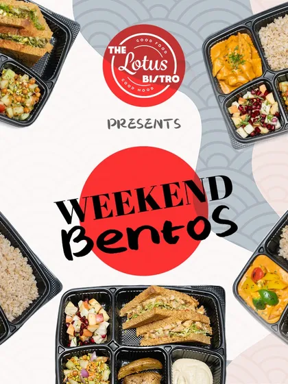 An overview of our Weekend Bento collection, showcasing the variety we offer. From rich curries with brown rice to wholesome sandwiches with fresh sides, each bento is a complete, balanced meal.