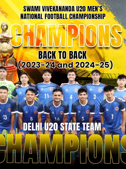 Champions, back to back. The official graphic celebrating the Delhi U20 State Team's victory in the Swami Vivekananda National Championship for the second year in a row.