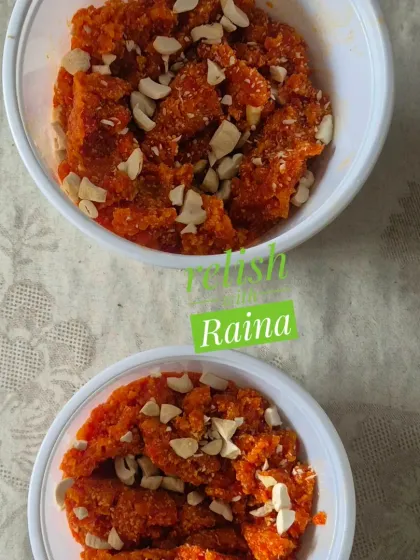 Individual portions of my carrot halwa, topped with cashews. The vibrant color and sweet, nutty flavor make it a favorite.