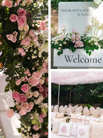 A collage showcasing the pastel pink floral arrangements, a custom welcome box, and personalized cushions for guest seating.