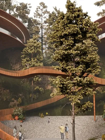 Another view of the skywalk weaving through the pine trees, a key feature of our "Hillucinations" resort design.