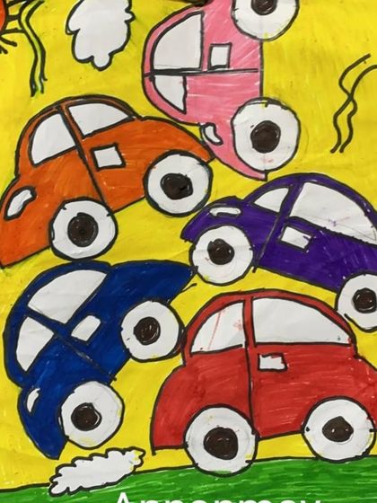 This drawing of cartoon cars teaches students about perspective and overlapping to create a sense of a busy traffic jam.