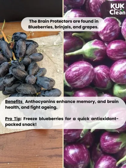 The Brain Protectors: Purple and blue foods like grapes and brinjals contain anthocyanins, which enhance memory and fight aging. A pro tip is to freeze blueberries for a quick, antioxidant-rich snack.