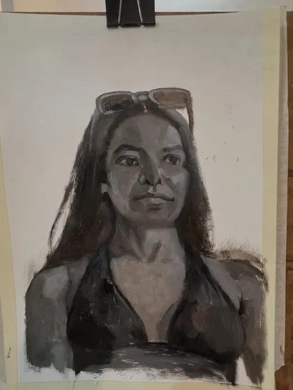 The Grisaille portrait on the easel, showing the work in progress. I use this technique to improve my understanding of light and shadow.