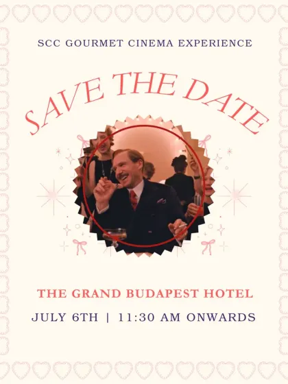 "Save the Date" for a five-star film and a five-course affair. This invitation for The Grand Budapest Hotel screening captures the movie's quirky, vintage aesthetic, promising a truly unique event.