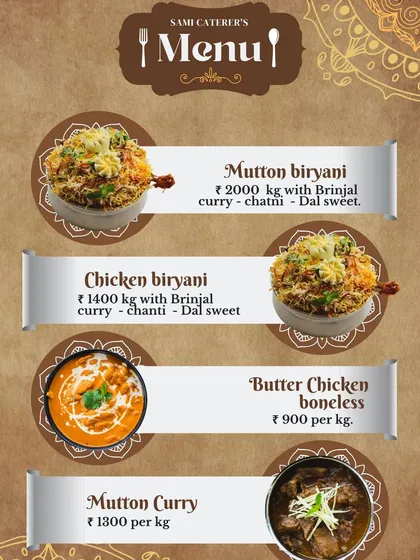 A simple menu showing my most popular items sold by the kilo: Mutton Biryani, Chicken Biryani, Butter Chicken, and Mutton Curry.