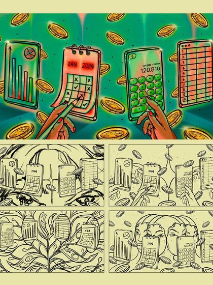 A look at my process, showing the final colored illustration alongside the initial black and white sketches I presented to the client.