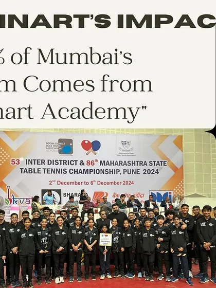 The full Mumbai team, with a strong representation from Spinart Academy, ready for the Inter-District & Maharashtra State Table Tennis Championship. We are proud to contribute significantly to the city's talent pool.