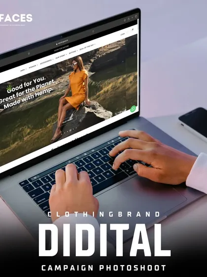 A laptop screen showing a campaign image for a hemp-based clothing brand. We specialize in outdoor, nature-based shoots that align with eco-conscious and natural brands.