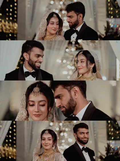 A collage of a Muslim couple's portraits from their wedding day, capturing their loving gazes and elegant attire.