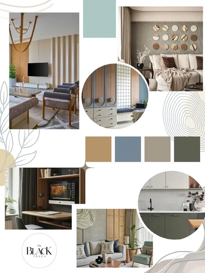 Another mood board, this one exploring a palette of blues, greens, and warm wood tones. These boards are a crucial tool for collaborating with clients and defining the design direction.