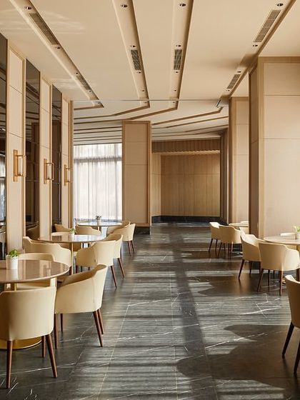 Another perspective of the Rustomjee Elements banquet hall. The flexible layout allows the space to be configured for various events, with sliding panels to divide the bar, dining, and gathering areas as needed.