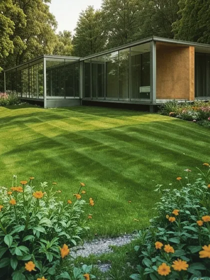 A modern glass house nestled in a lush, natural landscape. The floor-to-ceiling windows blur the line between indoors and out, making the surrounding garden a part of the living space.
