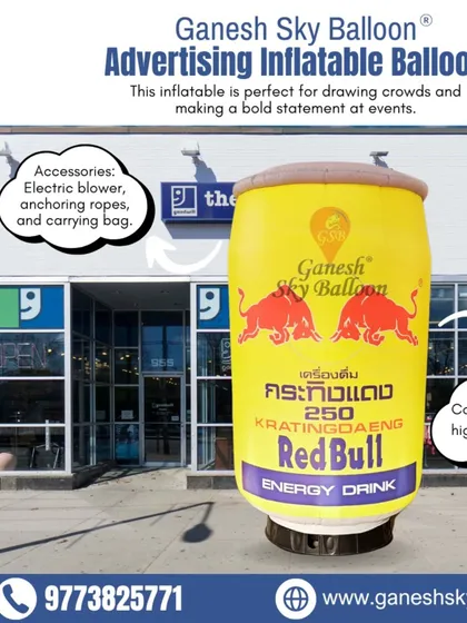 We can replicate iconic products like this Red Bull energy drink can. Placed outside a store, this giant inflatable serves as a powerful point-of-sale advertisement that boosts brand presence.
