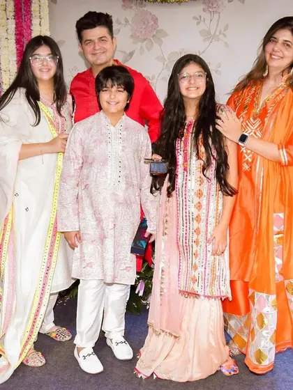The Ratnani family portrait from their festive celebrations. The children's outfits were designed to complement each other and the festive atmosphere.