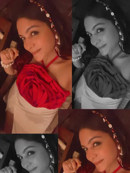A collage of selfies from a night out in Goa. The red floral detail on my dress and the simple pearl bracelet created a simple yet elegant vacation outfit.