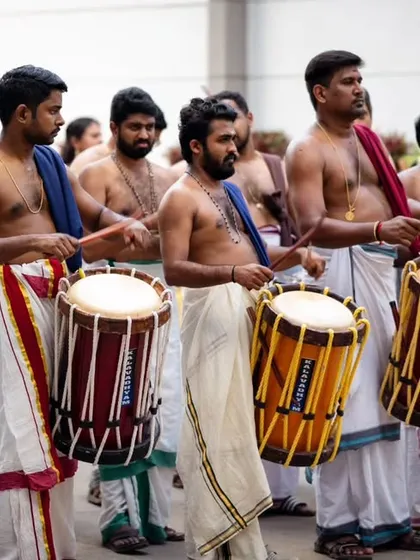 Our team lined up for an Onam program Melam at Shriram Surabhi in Kanakapura, ready to bring the festive sounds of Kerala.